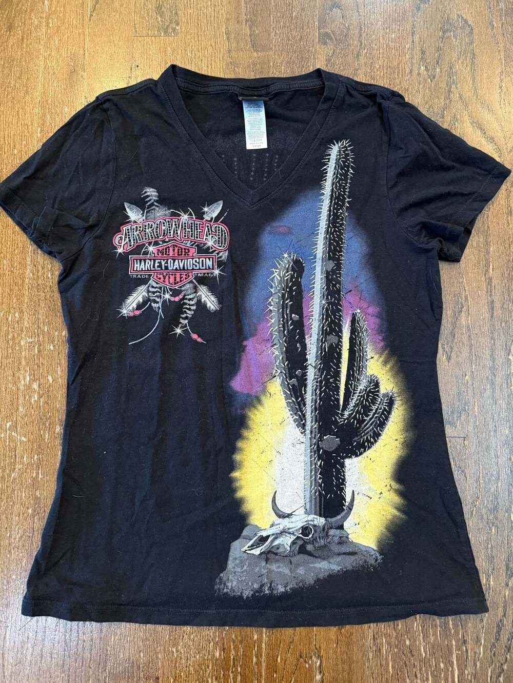 Harley-Davidson Arrowhead Peoria Arizona Rhinestone V-Neck Black Women's L